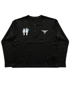 Black Henley waffle knit Front Design